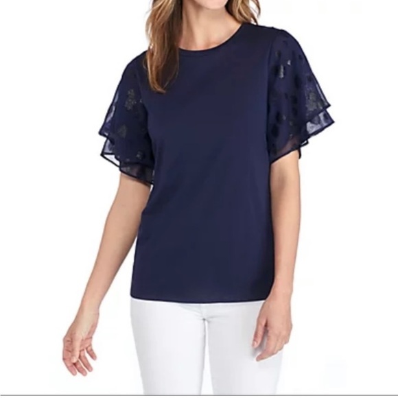NWT Chicos tiered embroidered sleeve tee navy size 2 - Picture 1 of 7